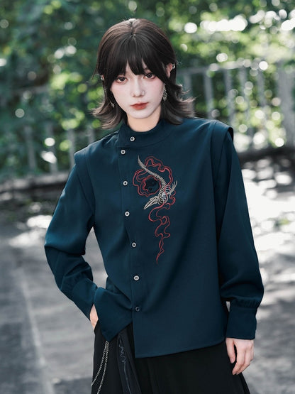 Navy Stand-Collar Asymmetric Shirt with Skeleton Whale Embroidery - Quirky Hut