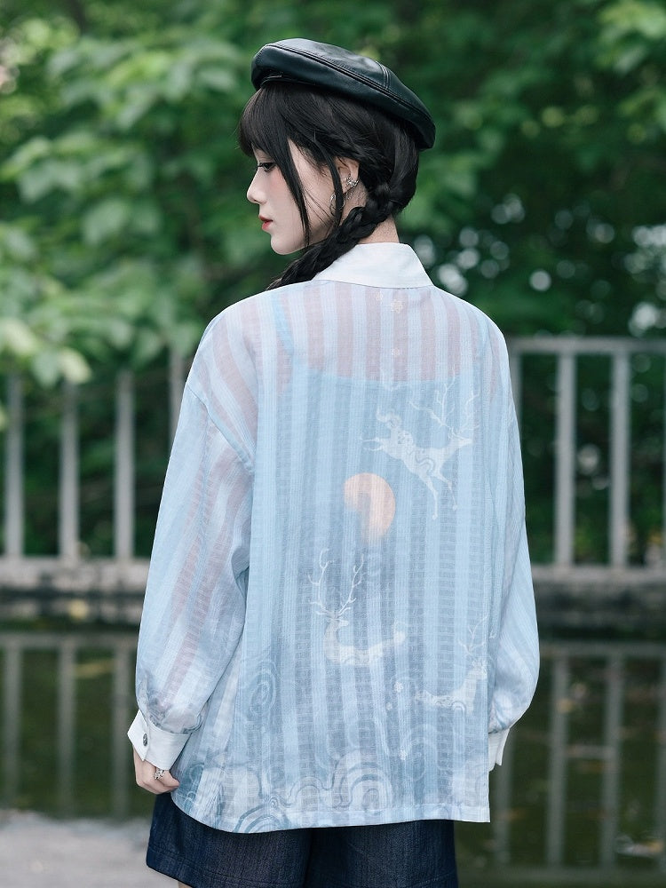 Blue Loose Sun Protection Chiffon Long Sleeve Shirt with Deer Print - Quirky Hut