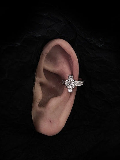 Silver and Pink Gothic Cross Ear Cuff with Rhinestones - Insomnia Artist