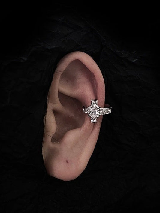 Silver and Pink Gothic Cross Ear Cuff with Rhinestones - Insomnia Artist