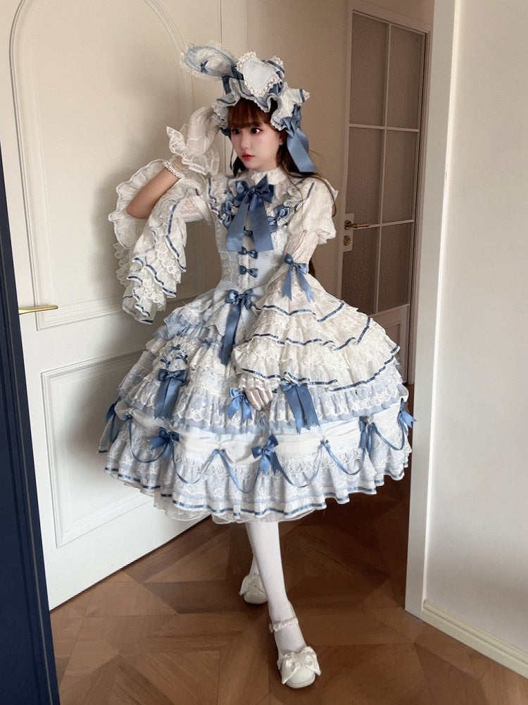 Blue Hanayome Lolita Layered Hime JSK Dress with Bow Accents - Starry Messenger