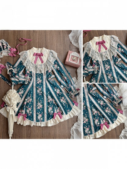 Teal Floral Print Vintage Lolita OP Dress with Lace Detailing & Elegant Design - With PUJI
