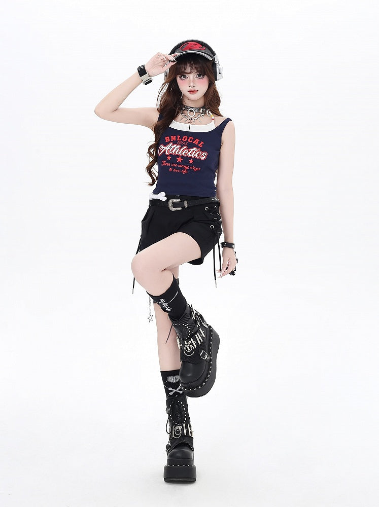 Faux Rot Navy Blau/Weiß Zwei-stück Tank Top Brief Drucken Vintage Glamourös