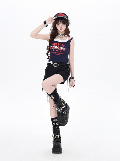 Faux Rot Navy Blau/Weiß Zwei-stück Tank Top Brief Drucken Vintage Glamourös