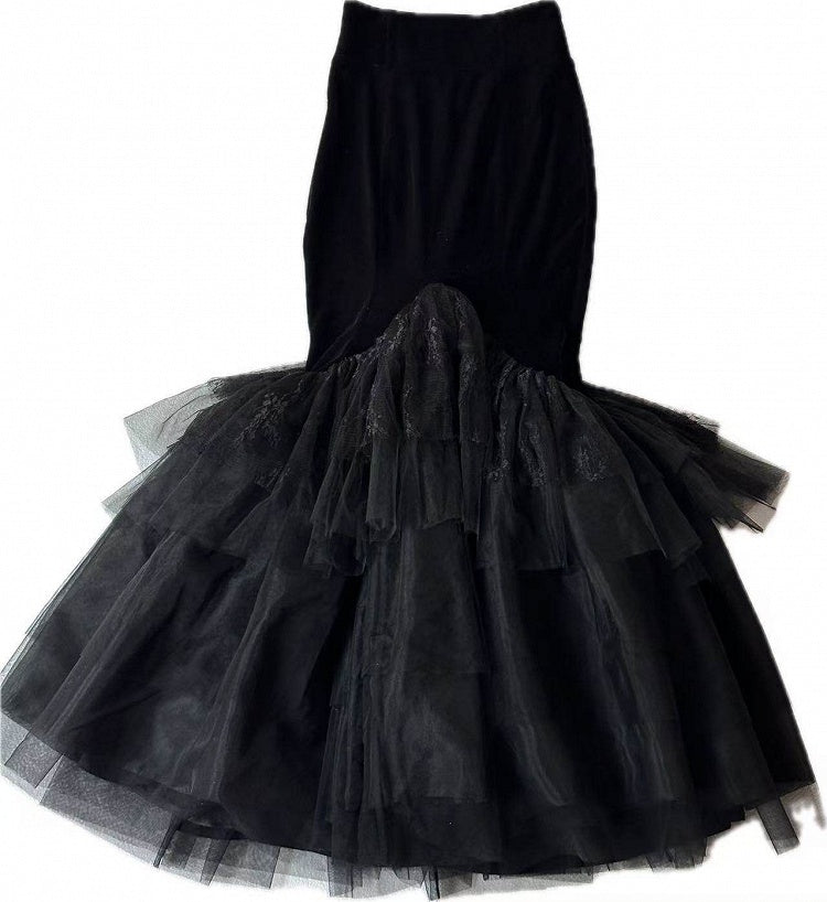 Black Embroidered Lace Blouse with Velvet V-Neck Coat and Layered Mermaid Skirt - DevilInspired Exclusive Collection