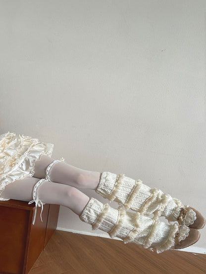 Warmers Cable Leg White Fluffy Knit Trim Ruffled Multi-layered With