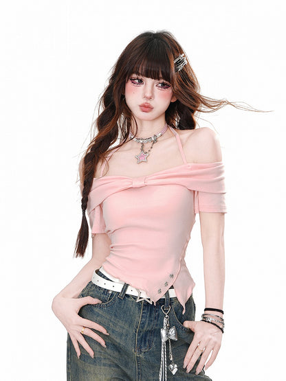 Neck Asymmetrical Hem Halter Slim-fitting T-Shirt Pink/White