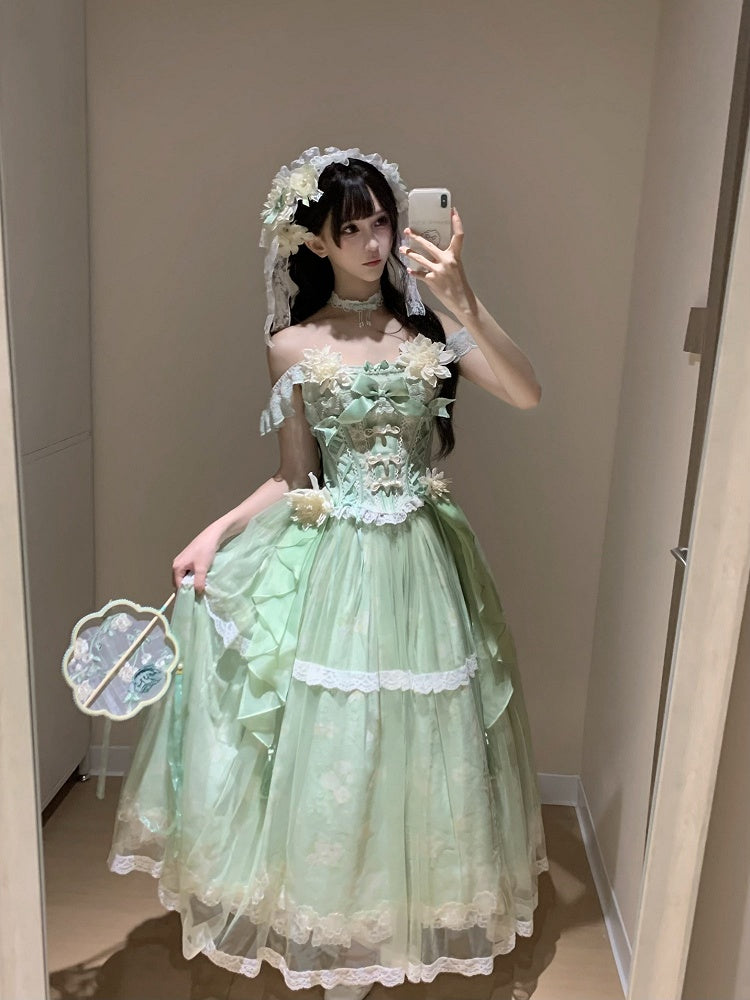 Version Long Floral + Lolita Green Top Frog Skirt with Jasmine-Embellished Buttons Corset Print