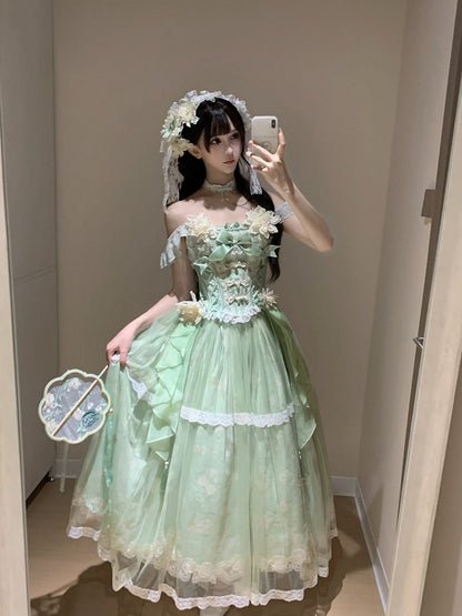 Version Long Floral + Lolita Green Top Frog Skirt with Jasmine-Embellished Buttons Corset Print