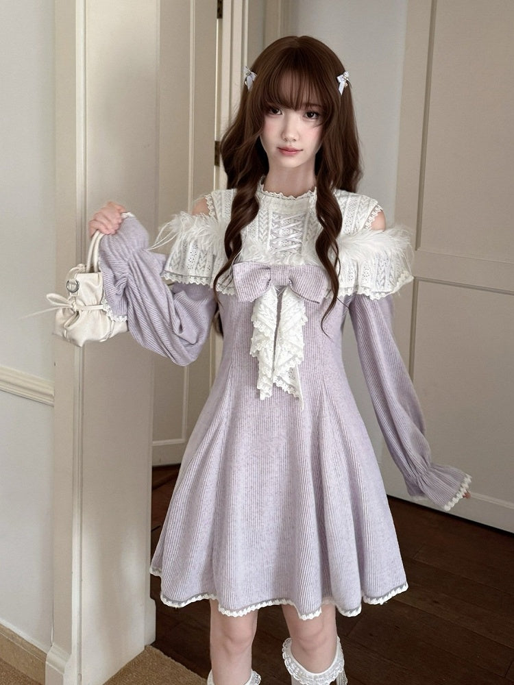 Seiso-kei Cutout Shoulder Long Sleeve Knit Dress in Purple with Feather and Lace Trim - LA LA JK