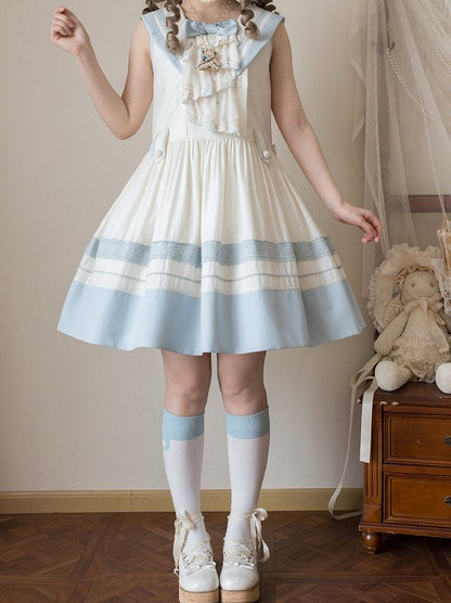Accent Light White Sailor Bow Collar and Milk Lace Trims Lolita with Blue Dress