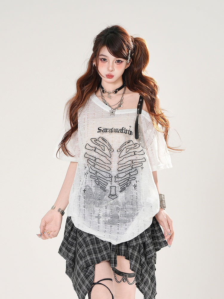 Heart Print Holes Asymmetrical Neckline Distressed