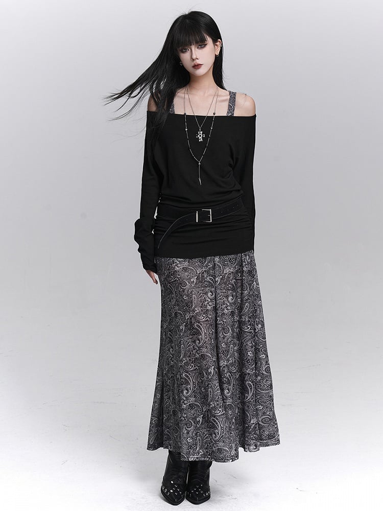 Ensemble with Top Off-Shoulder Dress Sleeveless Black Floral Gothic