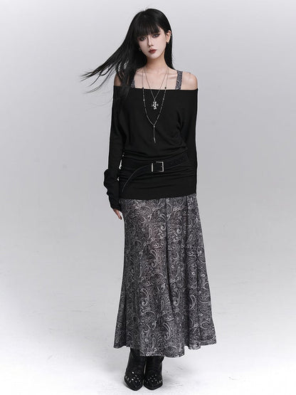 Ensemble with Top Off-Shoulder Dress Sleeveless Black Floral Gothic