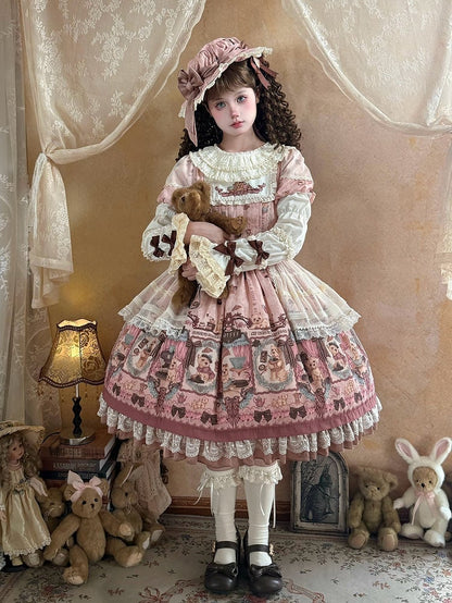 Puppy Coffee Shop Print Pink Sweet Lolita OP Dress with Dot Tulle Overlay - Stars Fall on the Foggy Island
