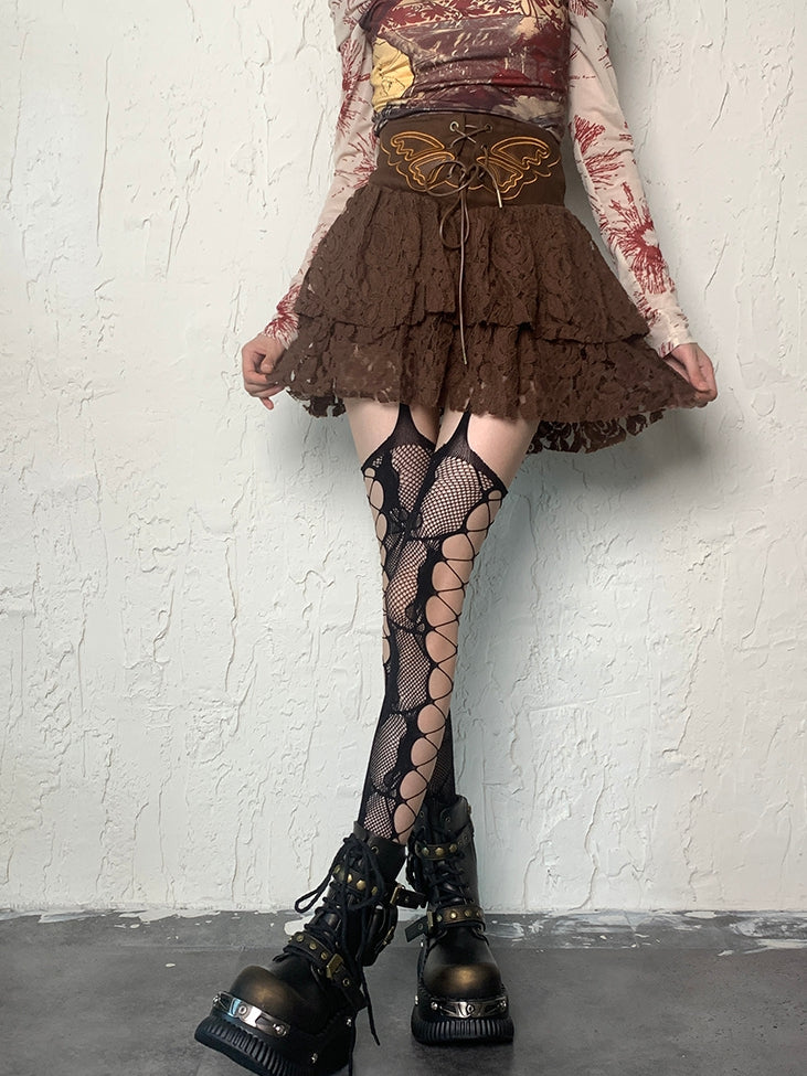 Design Strapsstrümpfe Details Schwarz/Weiß/Rosa/Rot/Grau Cut-out Netz