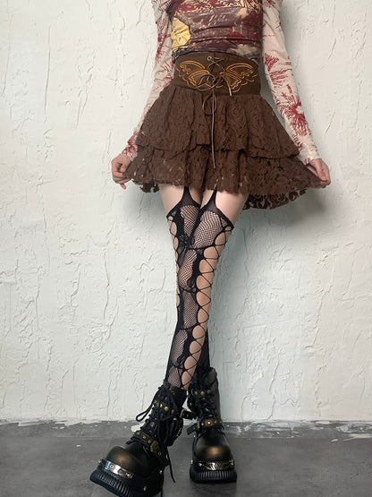 Design Strapsstrümpfe Details Schwarz/Weiß/Rosa/Rot/Grau Cut-out Netz