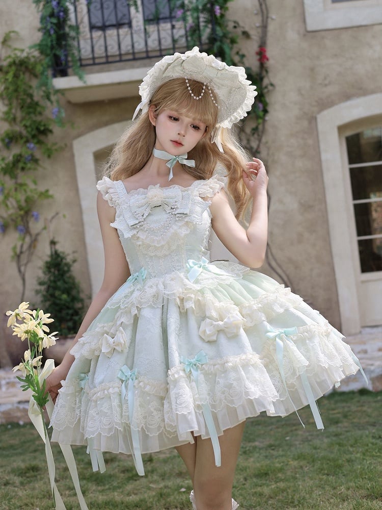 Skirt Accents Light Dress Lolita Jacquard Green Sweet Jumper Fabric Bow