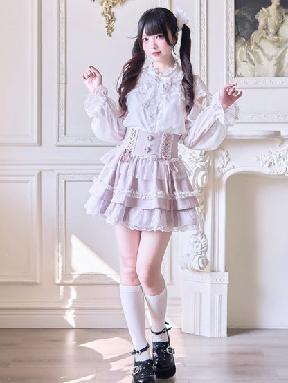 Rhinestone Design Tiered Embellishments Skirt Pink and Jirai High Lace-up Kei Front with Waist