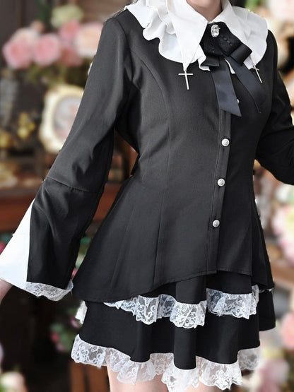 Tiered Lace Gothic Flat Skirt Collar with + Set: Two-Piece White and Black Bell Pointed Trim Sleeves Top