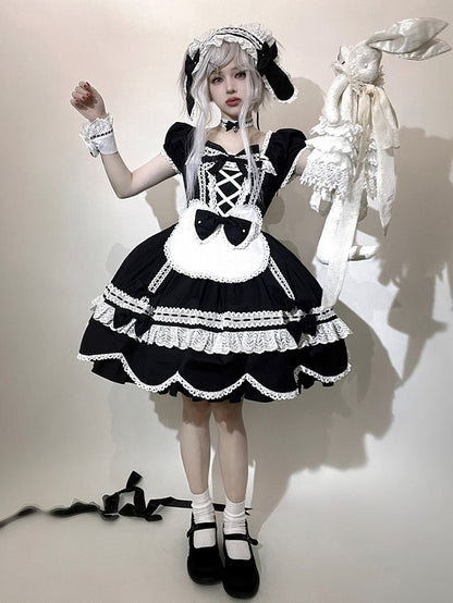 Lolita Ärmel Schwarz Alt Kurzer Ausschnitt Schulstück Puff Square One und Kleid Baumwolle