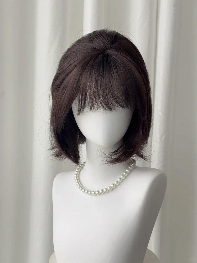 with Short Straight Bangs 30CM Full Black Wig Tea