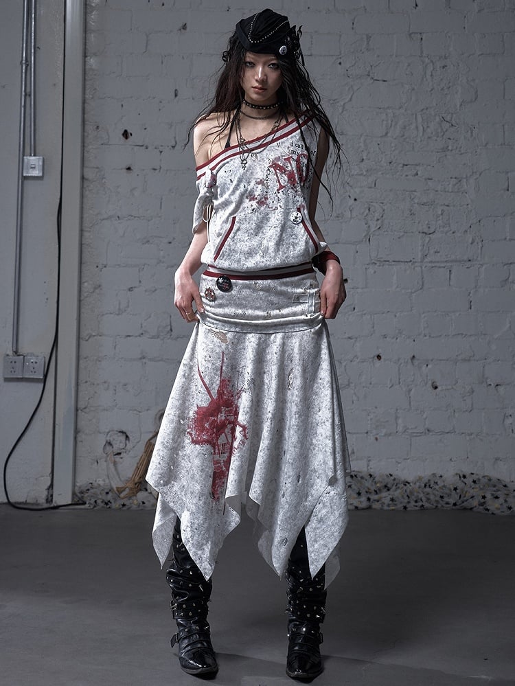 Asymmetrischer Ausschnitt Grau/Weiß Wasteland Punk Distressed Kleid