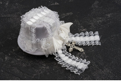 White Gothic Bat Wing Skeleton Cross Lace Trim Hat Hairclip