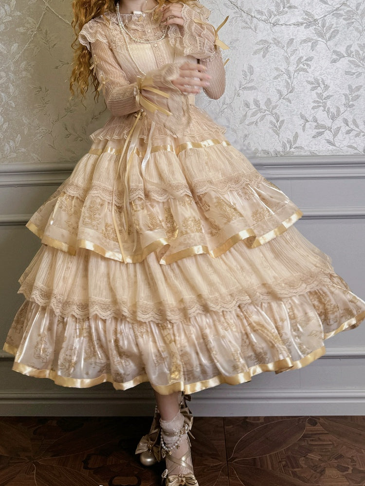 Ruffle Skirt Champagne Print and Kitty Bunny Lolita Tiered