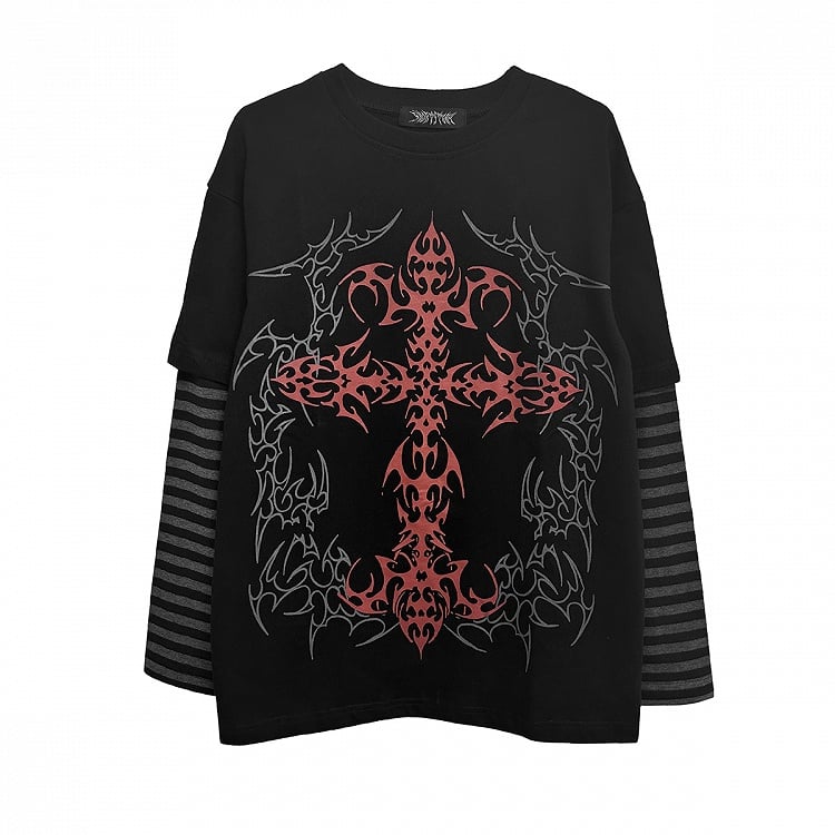 Black Print Top in Faux Two-Piece Cross Blood Striped Design with Sleeves Gothic