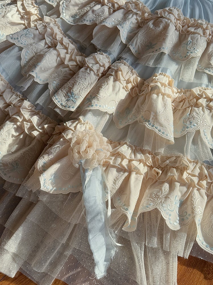 ブルーバニーレイヤード刺繍スカロップトリムヘムロリータスカート