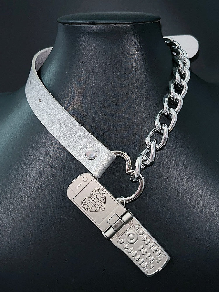 PU Pink/Silver Phone Y2K Pendant Choker