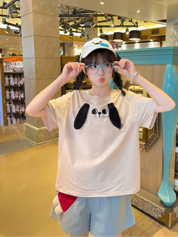 T-Shirt Plüsch Welpenohren Locker Beige Rundhals