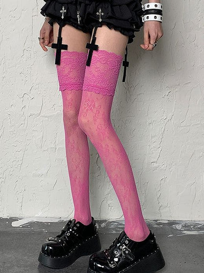 Floral Pattern Rose Stockings Overknee Trim Lace Y2K Pink