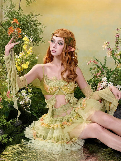 Green & Yellow Summer Fairycore Mori Kei Sleeveless Top with Lace Trim - Virtual Orbit