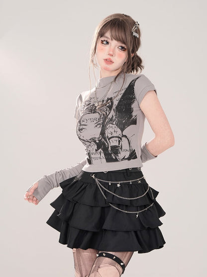 Charakterdruck und passendes fingerloses graues T-Shirt mit Stehkragen und Manga-Handschuhen