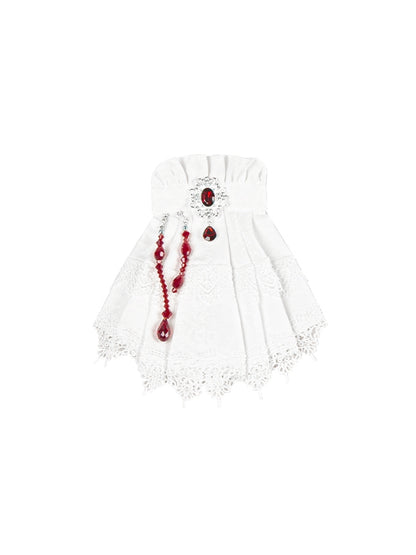 Gothic Lolita White Jabot Brooch with Red Bead Chains - With PUJI
