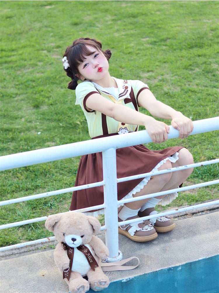 Brown Paw Embroidery Lace Trim Overall Skirt