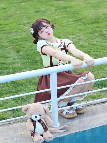 Brown Paw Embroidery Lace Trim Overall Skirt