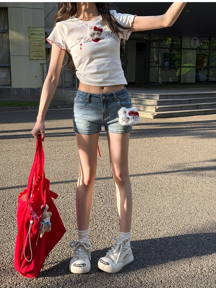 愛らしいキティのぬいぐるみ付きライズデニムショートパンツ ブルー ローカット