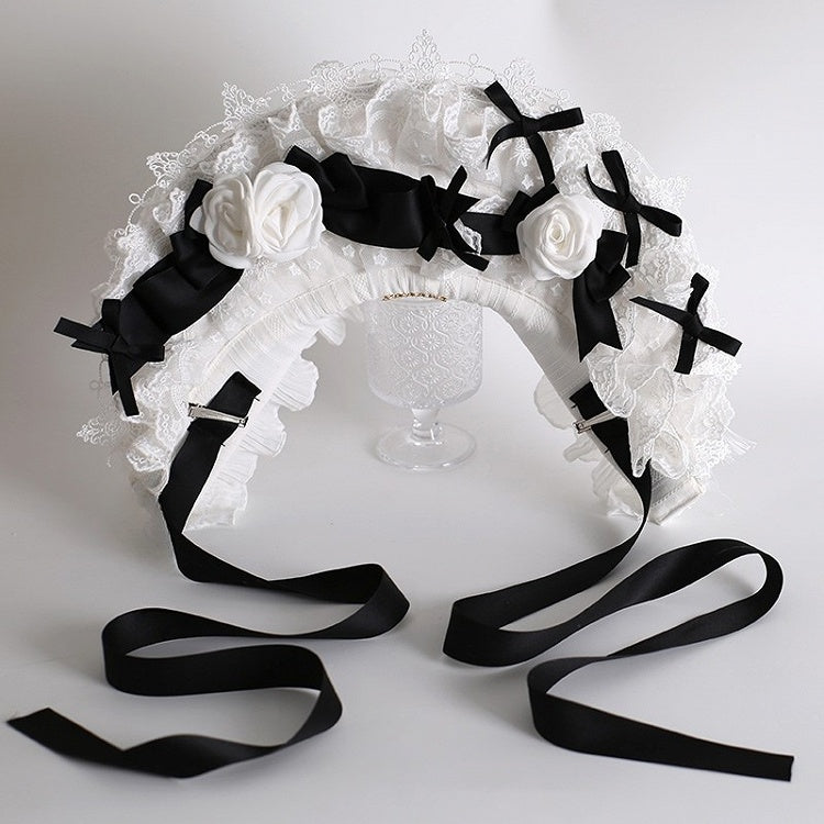 Maid Details Lolita Motorhaube Design Floral Schwarz-Weiß Trim Bowknot Spitze