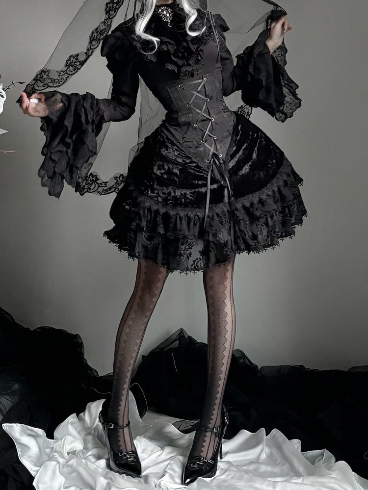 Long Sleeves Shirt Gothic High Boned Black Set All Lolita - Bell + Full Tie Mini Hat Jabot Skirt Waist