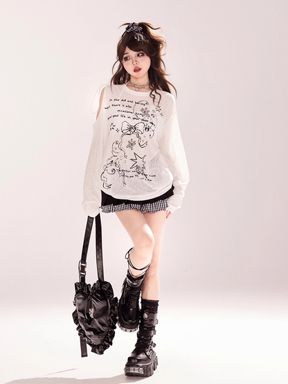 Semi-sheer Bowknot Graffiti Print Coverup Cutout Shoulder Black/White