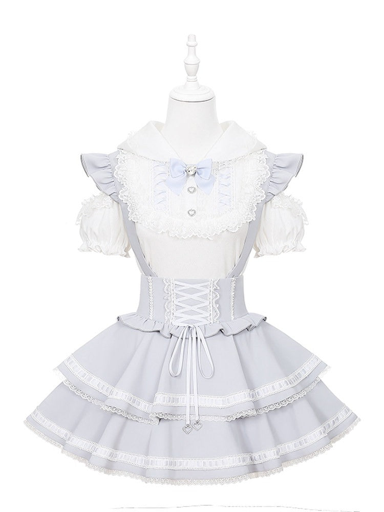 Light Dusty Blue Double-Layer Overall Skirt with Lace Trim - Puppet Bombs