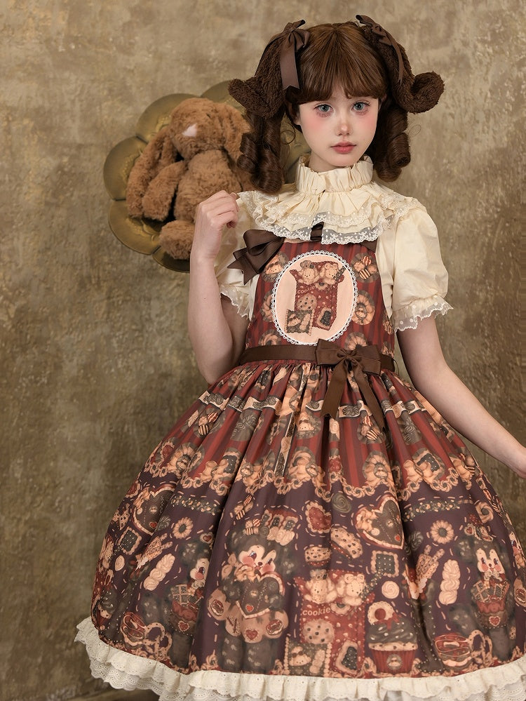 Cookies Print Dress Lolita Puppy Overall Set Reddish Furry Full Brown and Sweet