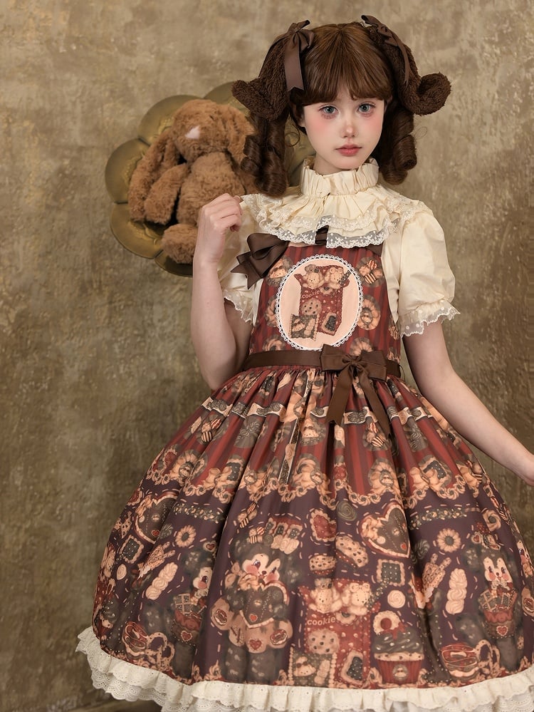 Brown Sweet Reddish Cookies and Overall Dress Print Puppy Furry Lolita