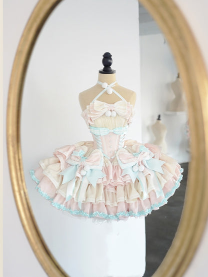 Mint Green Waist Pink Basque and Bowknots and Pompons Sweet Balletcore Puffy Lace-up Dress Decoration