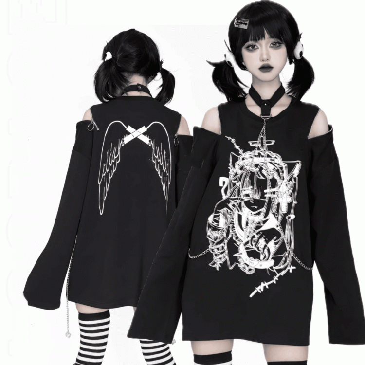 Anime Girl Print Black Zip Shoulder and Choker Chain Long Sleeve Top with Convertible