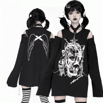 Anime Girl Print Black Zip Shoulder and Choker Chain Long Sleeve Top with Convertible