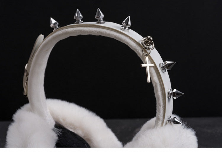 ホワイトハンドメイドスタッドクロスバックルプラッシュイヤーマフ